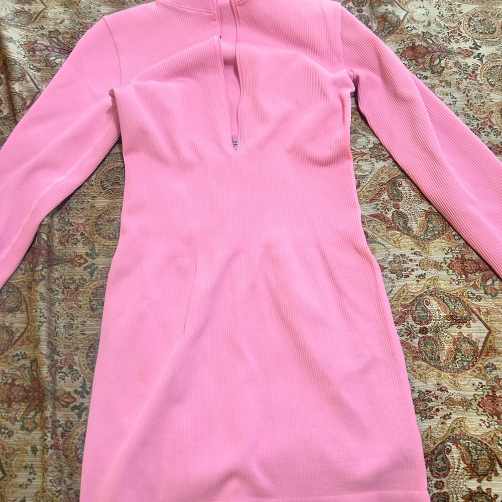 Pink Long-Sleeve Ribbed Bodycon Dress